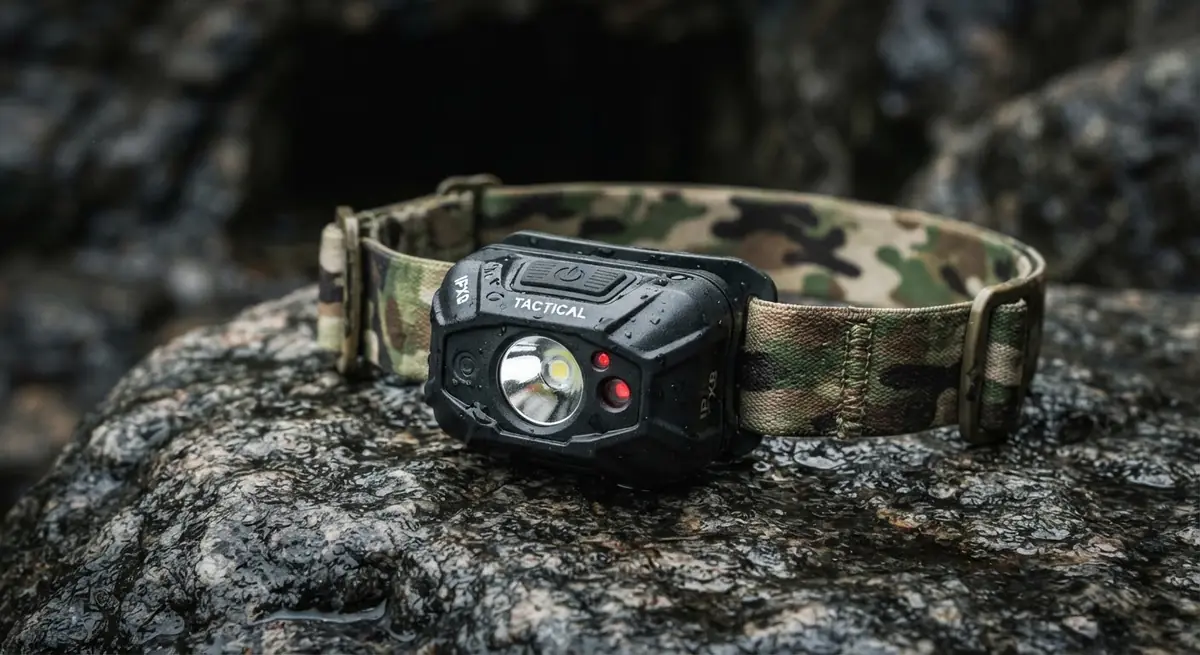 Kırmızı ve beyaz LED'li, kamuflaj kafa bantlı taktik kafa lambası