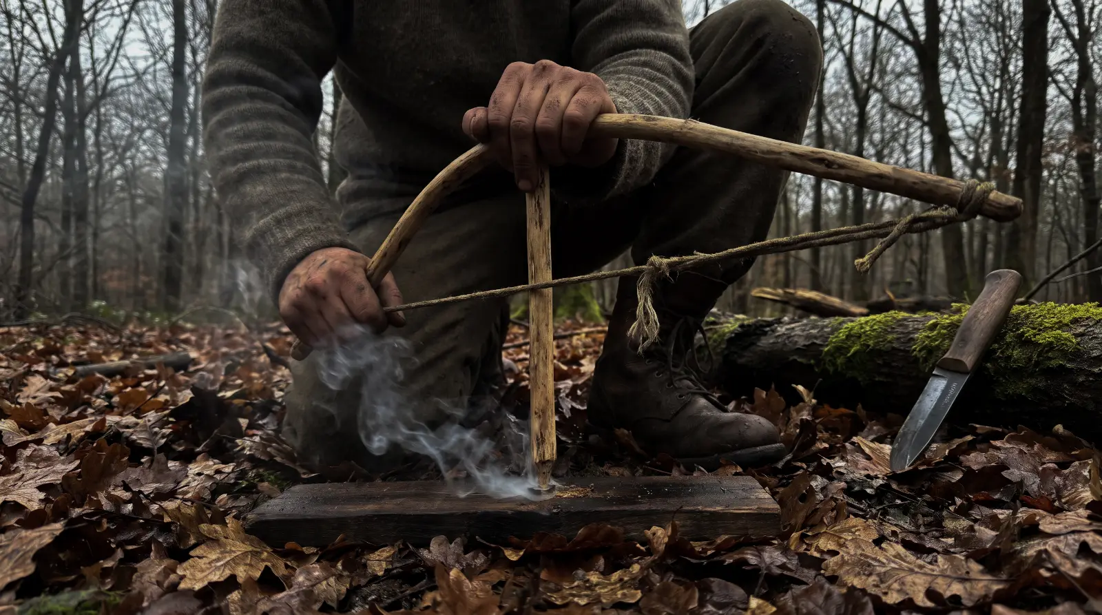 Elinde Bow Drill olan ateş yakmaya çalışan bir adam
